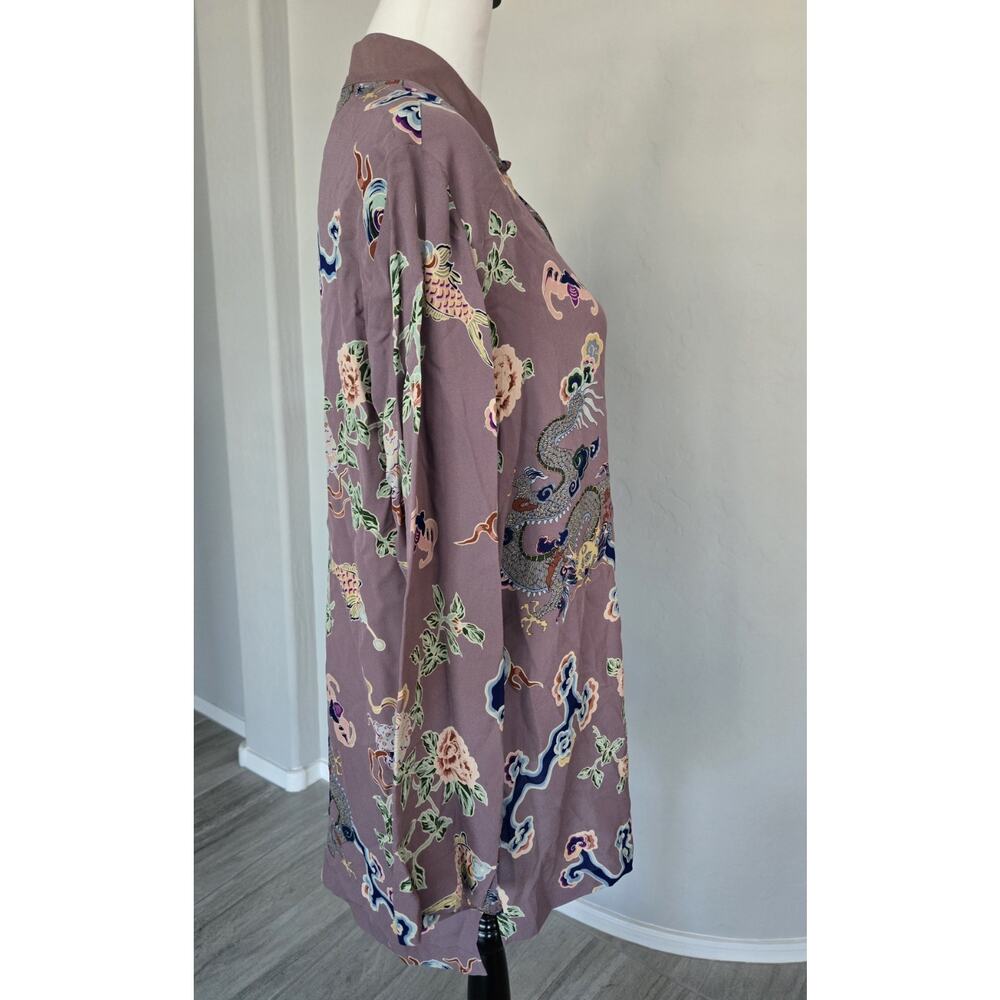 Harari Silk Asian Dragon Print Art Flowy Banded Collar Button Tunic Top Sz S - Picture 7 of 16